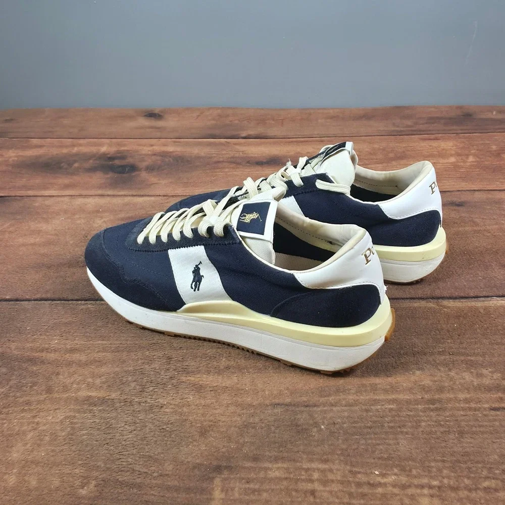 Polo Ralph Lauren Train 85 Sneakers Mens Navy Cream Size 11 Suede Canvas Low Top